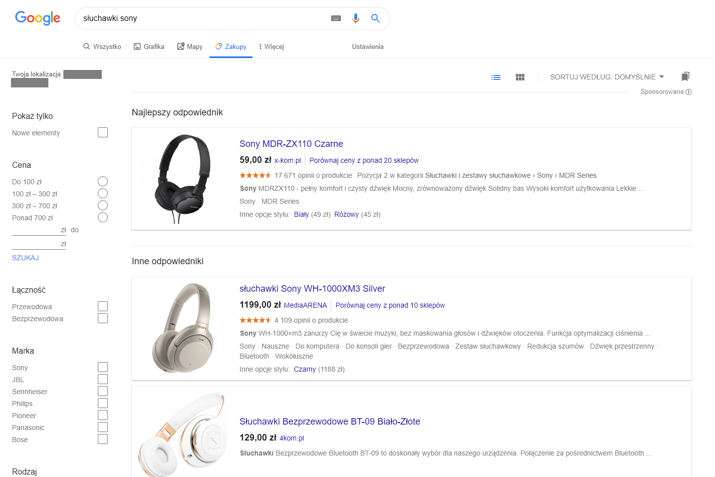 Przykład reklam produktów w Google Shopping