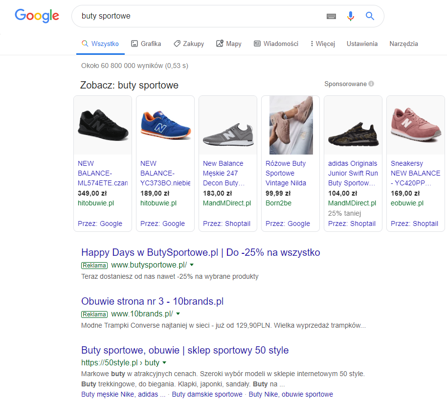 Reklamy towarów w Google Zakupy